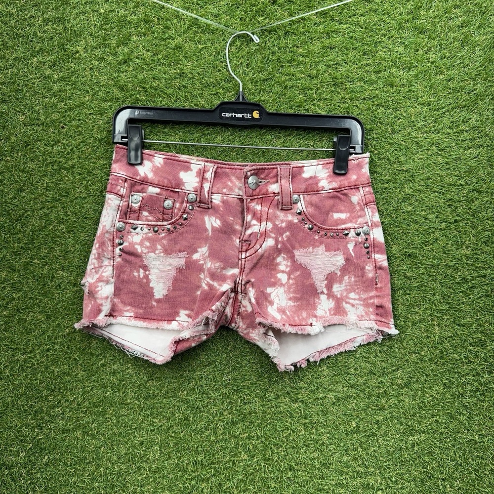 Miss Me Shorts Womens 25 Pink Tie Dye Denim Rhinestone Studded Cut Off Jean